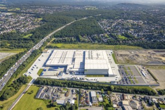 Aerial view, Edeka central warehouse Oberhausen with fallow land in the district Schwarze Heide in