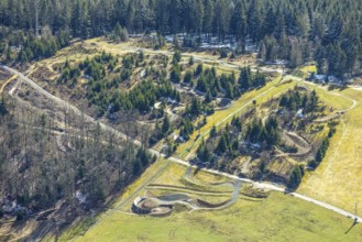 Aerial view, forest area with mountain bike facility Liftistan, Oberveischede, Olpe, Sauerland,