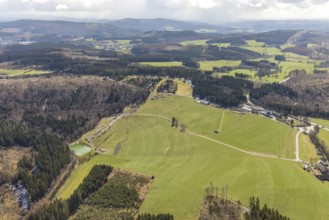Aerial view, forest area with mountain bike facility Liftistan, Oberveischede, Olpe, Sauerland,
