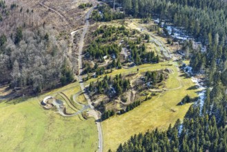 Aerial view, forest area with mountain bike facility Liftistan, Oberveischede, Olpe, Sauerland,
