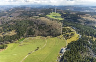 Aerial view, forest area with mountain bike facility Liftistan, Oberveischede, Olpe, Sauerland,
