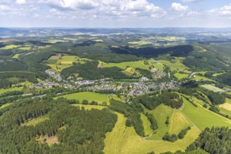 Aerial view, forest area and local view Oberveischede, sports field Am Kapellchen, Olpe, Sauerland,