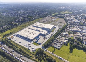 Aerial view, Edeka central warehouse Oberhausen with fallow land and Sterkrade colliery in the