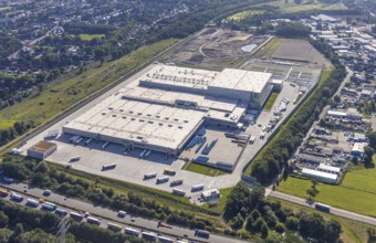 Aerial view, Edeka central warehouse Oberhausen with fallow land in the district Schwarze Heide in
