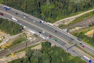Aerial view, motorway A42 bridge renovation over railway tracks and the river Emscher in
