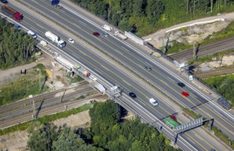 Aerial view, motorway A42 bridge renovation over railway tracks and the river Emscher in