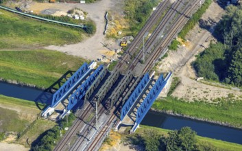Aerial view, railway bridge construction and renovation over the river Emscher in Buschhausen,