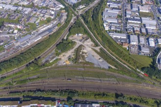 Aerial view, building plot in the Gleisdreieck near Oberhausen main station, Marienviertel,