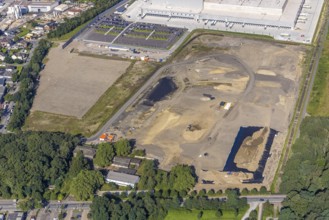 Aerial view, Edeka central warehouse Oberhausen with fallow land in the industrial park Waldteich