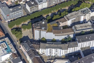 Aerial view, window renovation, covered Bert-Brecht-Haus with municipal adult education facilities