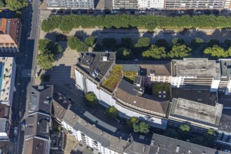 Aerial view, window renovation, covered Bert-Brecht-Haus with municipal adult education facilities