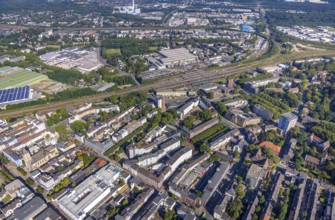 Aerial view, Oberhausen main station and city centre view in Oberhausen, Ruhr area, North