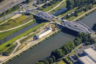 Aerial view, construction site between Rhine-Herne-Canal and river Emscher at the bridge