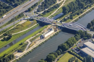 Aerial view, construction site between Rhine-Herne-Canal and river Emscher at the bridge