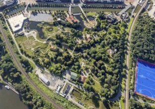 Aerial view, CentrO.Park with Centro Beach area with Beach Club in Centro Oberhausen in Borbeck,