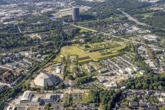Aerial view, OLGA Park with ASO Oberhausen senior citizens' residence at OLGA Park, winding tower