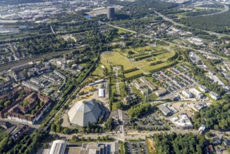 Aerial view, OLGA Park with ASO Oberhausen senior citizens' residence at OLGA Park, winding tower