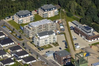 Aerial view, construction site and new construction residential buildings Auf dem Schacht am OLGA