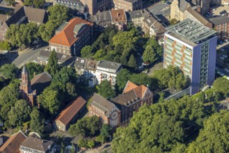 Aerial view, Christuskirche and Adolf-Feld-Schule and Hans-Böckler-Berufskolleg in the high-rise
