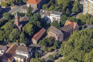 Aerial view, Evangelical Church of Christ and Adolf Feld School, city centre, Oberhausen, Ruhr
