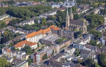 Aerial view, Marienkirche and AMEOS Klinikum St. Josef Oberhausen in the Marienviertel, Oberhausen,