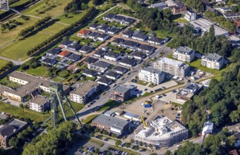 Aerial view, winding tower and Steigerhaus as well as ASO Oberhausen senior citizens' residence at