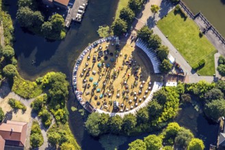 Aerial view, CentrO.Park with Beach Club and Corona distance rule in Centro Oberhausen in Borbeck,