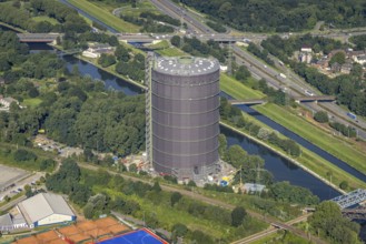 Aerial view, Gasometer Oberhausen at the Rhine-Herne Canal in Borbeck, Oberhausen, Ruhr area, North
