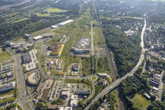 Aerial view, Topgolf course under construction on the steelworks site at Brammenring in Centro