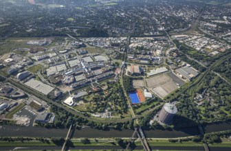 Aerial view, The Topgolf course under construction on the steelworks site at the Brammenring in the