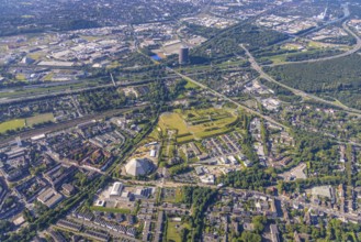 Aerial view, OLGA Park with ASO Oberhausen senior citizens' residence at OLGA Park, winding tower