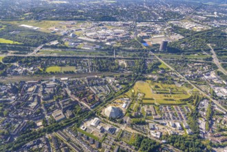Aerial view, OLGA Park with ASO Oberhausen senior citizens' residence at OLGA Park, winding tower