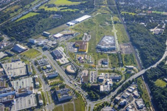 Aerial view, The Topgolf course under construction on the steelworks site at the Brammenring in the