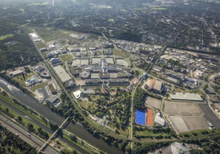 Aerial view, The Topgolf course under construction on the steelworks site at the Brammenring in the