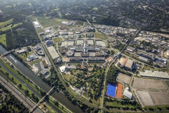 Aerial view, The Topgolf course under construction on the steelworks site at the Brammenring in the