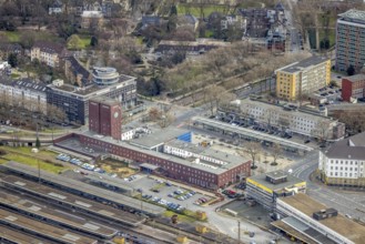 Aerial view, Oberhausen main station, reception building, city centre, Oberhausen, Ruhr area, North