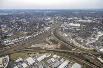 Aerial view, railway triangle, new flats planned on former tyre dealer Vergölst site,