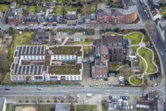 Aerial view, nursing home Vincenzhaus Oberhausen, church building Lothringer Straße, city centre,