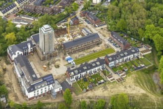 Aerial view, construction site and new construction residential buildings Am Schacht IV, Kursana