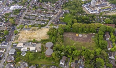 Aerial view, construction site, construction area, residential building project at RWW