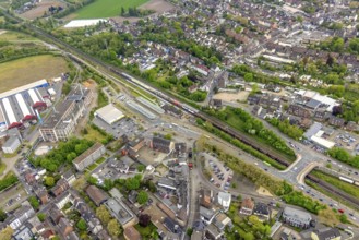 Aerial view, railway station and bus station, biomass cogeneration plant of Energieversorgung