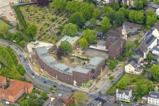 Aerial view, construction site and new building day care centre and flats, Steinbrinkstraße corner