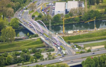 Aerial view, bridge Osterfelder Straße, construction site between river Emscher and