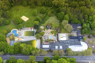 Aerial view, Revierpark Vonderort with Solbad Vonderort in Osterfeld, algae in swimming pool,