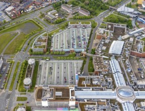 Aerial view, Centro Oberhausen, vertical shot, corona-related empty parking spaces, gasometer,