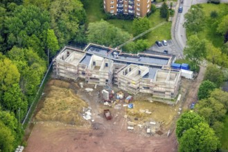 Aerial view, construction site and new building day care centre Drei Knappen on the former sports