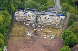 Aerial view, construction site and new building day care centre Drei Knappen on the former sports