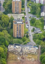 Aerial view, construction site and new building day care centre Drei Knappen on the former sports