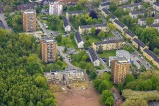 Aerial view, construction site and new building day care centre Drei Knappen on the former sports