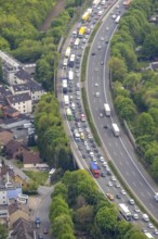 Aerial view, traffic jam on the A3 motorway, Alstaden, Oberhausen, Ruhr area, North